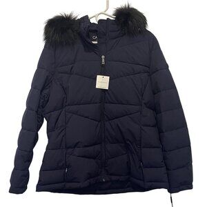 NWT Calvin Klein Womens Puffer Jacket Infinite Stretch Fur-Trim Hood XL Navy NEW